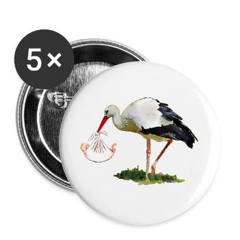 Cigogne avec bébé dans une écharpe - Lot de 5 grands badges (56 mm) - blanc - Devant