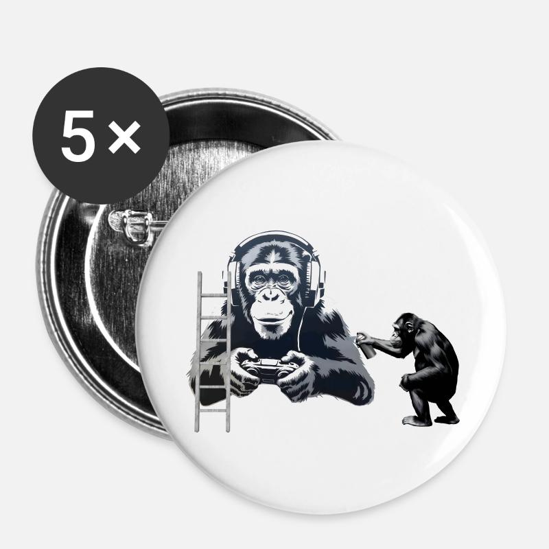 GRAFFITI BANKSY STYLE - CHIMP PLAYING COMPUTER GAM - Buttons large 2.2''/56 mm (5-pack) - white