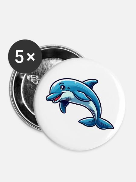 Delfin Delphin Comic - Buttons groß 56 mm (5er Pack) - Weiß