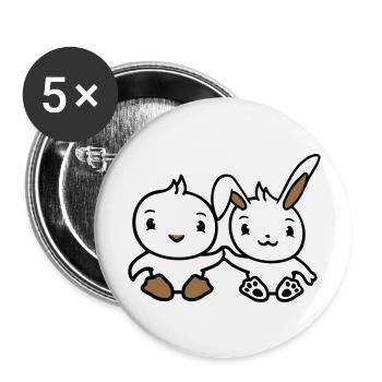 Lapin oiseau poussin 2 amis équipe deux mains tenant - Lot de 5 grands badges (56 mm) - blanc - Devant