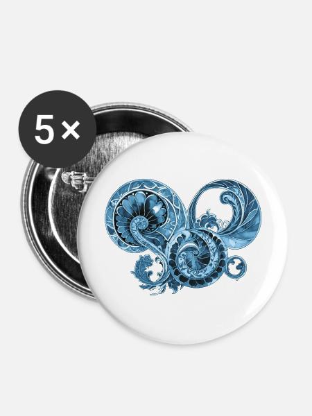 Blaues Ornament - Buttons groß 56 mm (5er Pack) - Weiß