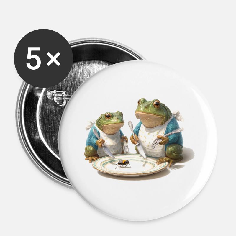 Frosch-Dinner: Fliege am Teller - Buttons groß 56 mm (5er Pack) - Weiß