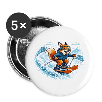 Lustiger Ski Fuchs – Comic Wintermotiv - Buttons groß 56 mm (5er Pack) - Weiß - Vorne