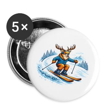 Lustiger Ski Hirsch – Comic Wintersport Motiv - Buttons groß 56 mm (5er Pack) - Weiß - Vorne