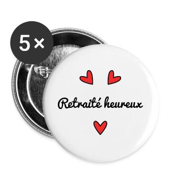 RETRAITE. RETRAITEE. BONNE RETRAITE. ANNIVERSAIRE. - Lot de 5 grands badges (56 mm) - blanc - Devant