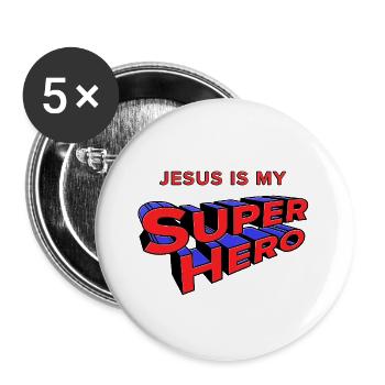 Jésus, mon super-héros, - Lot de 5 grands badges (56 mm) - blanc - Devant