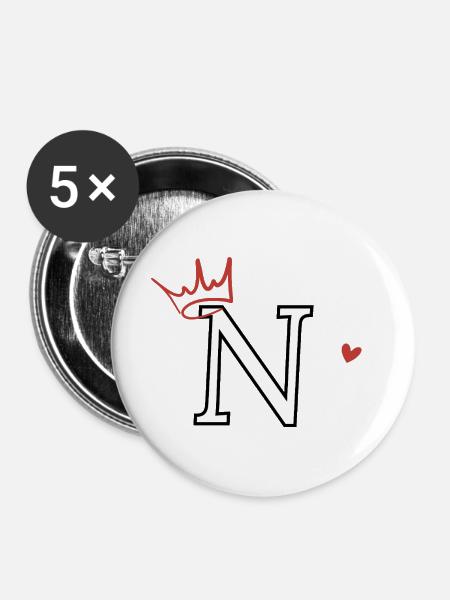 Buchstaben n Kronenherz - Buttons groß 56 mm (5er Pack) - Weiß