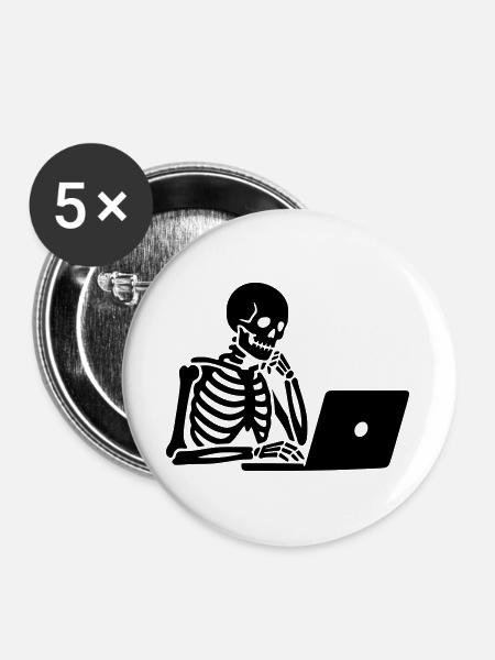 Skelett am Laptop Computer - Buttons groß 56 mm (5er Pack) - Weiß