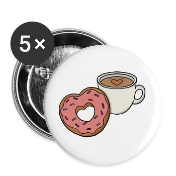 Perfekte Kombination Kaffeetasse und Herzdonut - Buttons groß 56 mm (5er Pack) - Weiß - Vorne