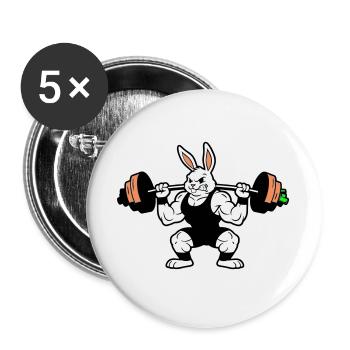 Muskel Hase Karotten Hantel - Buttons groß 56 mm (5er Pack) - Weiß - Vorne