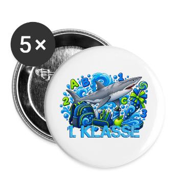 Schulstart 1. Klasse mit Hai Grundschule - Buttons groß 56 mm (5er Pack) - Weiß - Vorne