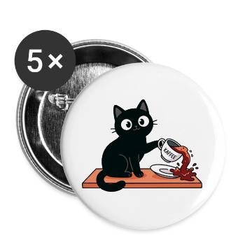 Freche Katze schüttet Kaffee um - lustig - Buttons groß 56 mm (5er Pack) - Weiß - Vorne