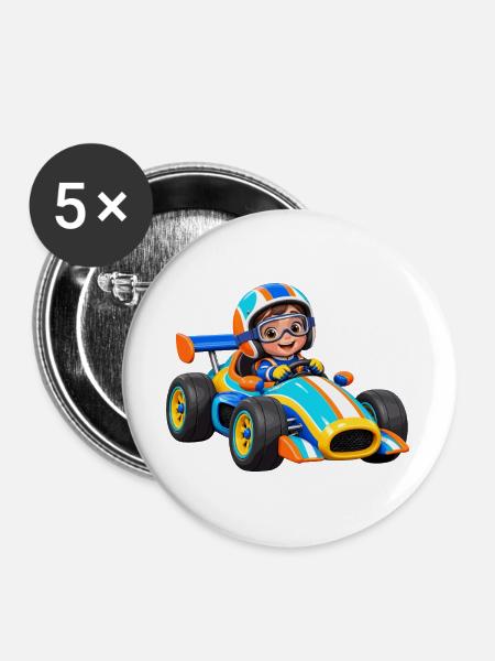 Kleiner Rennfahrer im Go-Kart - Buttons groß 56 mm (5er Pack) - Weiß