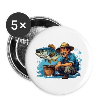 Fröhlicher Fischer und Riesenfisch - Buttons groß 56 mm (5er Pack) - Weiß - Vorne
