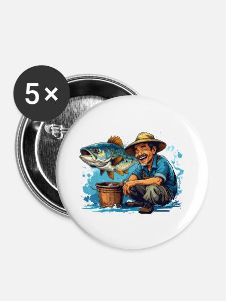 Fröhlicher Fischer und Riesenfisch - Buttons groß 56 mm (5er Pack) - Weiß