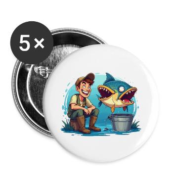Angler und Riesen Fisch Cartoon - für Angler - Buttons groß 56 mm (5er Pack) - Weiß - Vorne