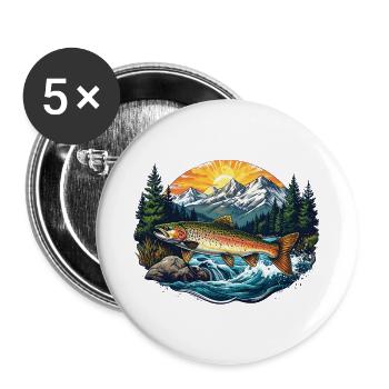 Fisch im Fluss - Wald - Buttons groß 56 mm (5er Pack) - Weiß - Vorne