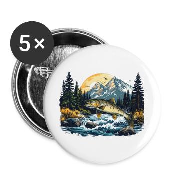 Lachs im Morgenlicht über Wildwasser - Buttons groß 56 mm (5er Pack) - Weiß - Vorne