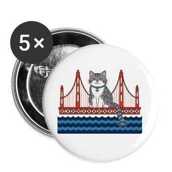 Lustige Katze sitzt auf der roten Brücke Katzen - Buttons groß 56 mm (5er Pack) - Weiß - Vorne