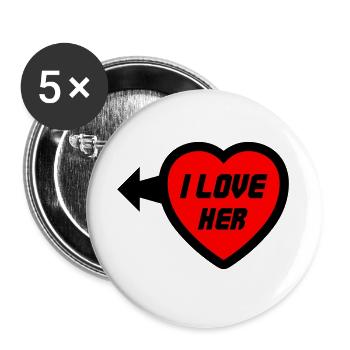 Herz I LOVE HER Typo - Buttons groß 56 mm (5er Pack) - Weiß - Vorne
