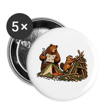 Bär & Biber beim Zeltaufbau – Camping - Buttons groß 56 mm (5er Pack) - Weiß - Vorne