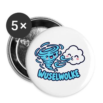 Wuselwolke – Lustiges Wind & Wolken Kinder Motiv - Buttons groß 56 mm (5er Pack) - Weiß - Vorne
