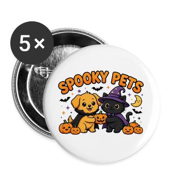 🎃 Gruselige Haustiere – Halloween-Katze und -Hund - Buttons groß 56 mm (5er Pack) - Weiß - Vorne