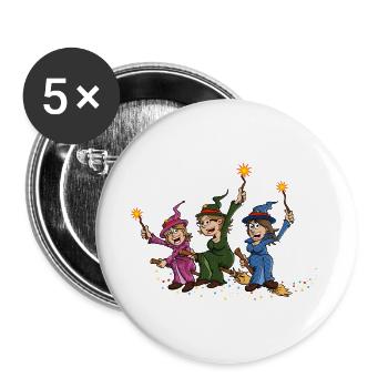 Illustration de 3 sorcières joyeuses sur des balais - Lot de 5 grands badges (56 mm) - blanc - Devant