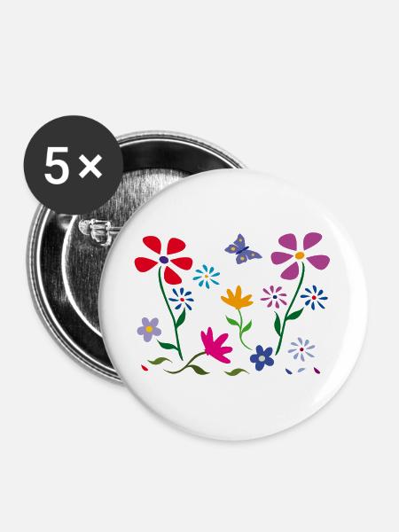 Blumenwiese, Garten, Schmetterling - Buttons groß 56 mm (5er Pack) - Weiß