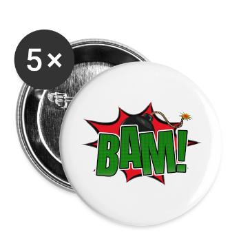 Bam! Comic Stil Graffiti Schriftzug - Buttons groß 56 mm (5er Pack) - Weiß - Vorne