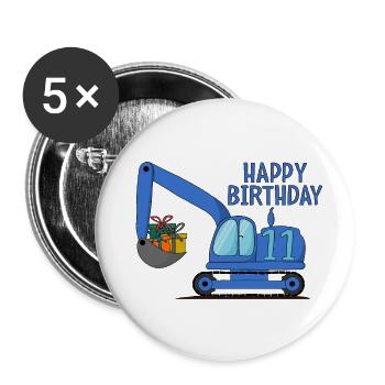 Bagger Kinder Happy Birthday 11 Blau - Buttons groß 56 mm (5er Pack) - Weiß - Vorne