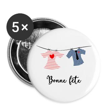 BONNE FÊTE. FÊTE DES MÈRES. FÊTE DES PÈRES. FÊTE - Lot de 5 grands badges (56 mm) - blanc - Devant
