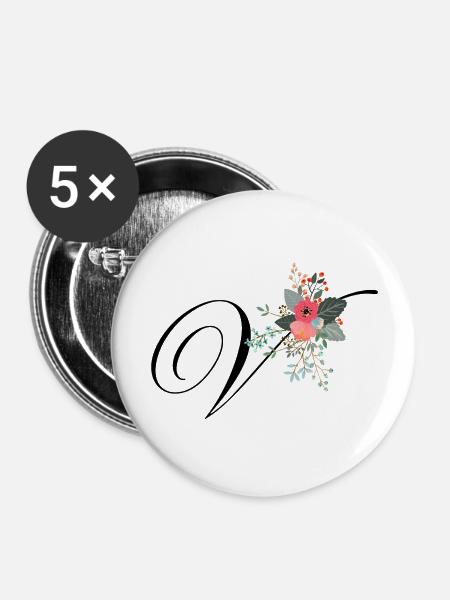 Buchstabe v Blumen - Buttons groß 56 mm (5er Pack) - Weiß