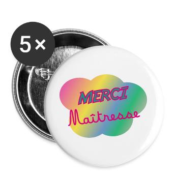 MERCI. THANKS. THANK YOU. ANNIVERSAIRE. MAÎTRESSE - Lot de 5 grands badges (56 mm) - blanc - Devant