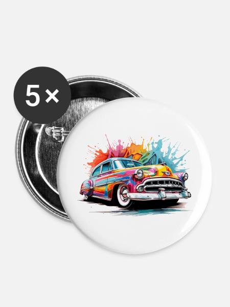 bunter Oldtimer - Buttons groß 56 mm (5er Pack) - Weiß