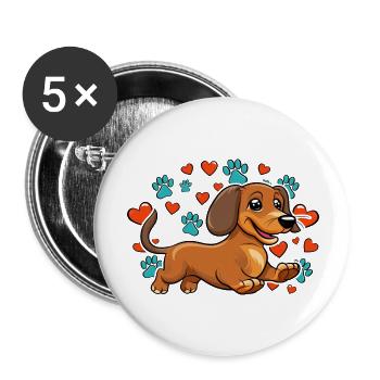 Fröhlicher Dackel Herz-Pfoten - Buttons groß 56 mm (5er Pack) - Weiß - Vorne