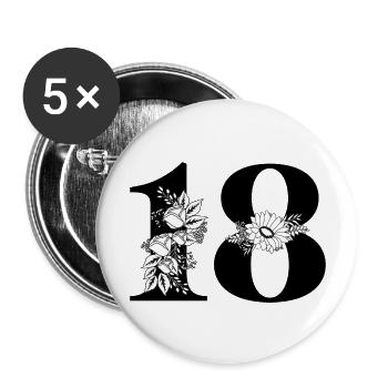Numéro 18 floral noir -18e anniversaire floral - Lot de 5 grands badges (56 mm) - blanc - Devant