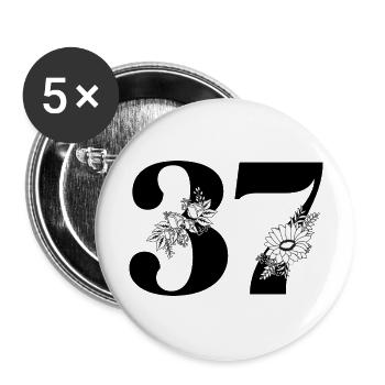 Numéro 37 floral noir - 37e anniversaire floral - Lot de 5 grands badges (56 mm) - blanc - Devant