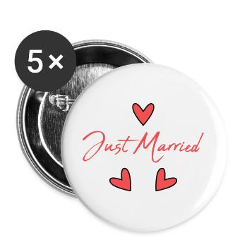 GERADE VERHEIRATET. Junggesellinnenabschied. VALENTINSTAG. PAAR - Buttons groß 56 mm (5er Pack) - Weiß - Vorne
