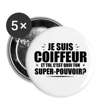 Ich bin Friseur. Was ist deine Superkraft? - Buttons groß 56 mm (5er Pack) - Weiß - Vorne