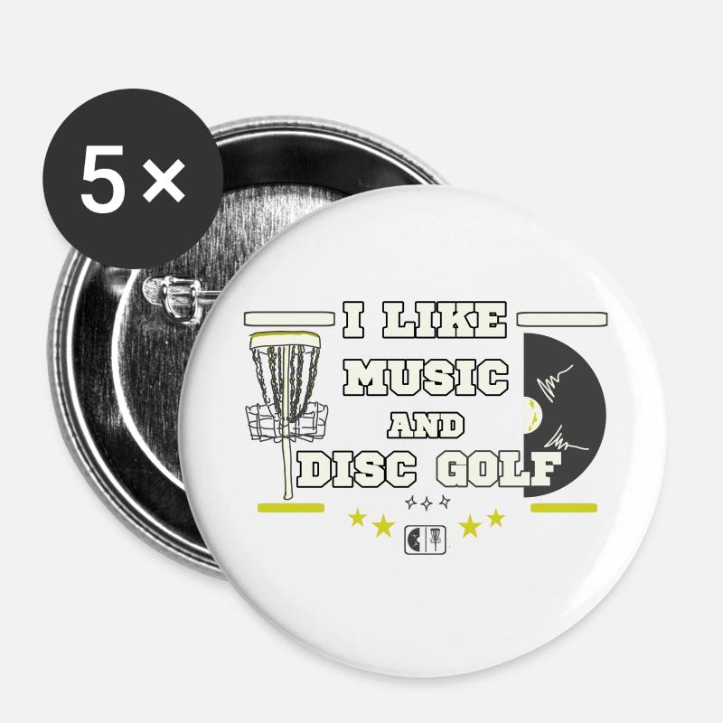 Ich mag Musik und Disc Golf - Buttons groß 56 mm (5er Pack) - Weiß