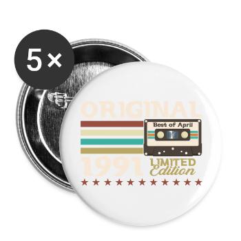 34th Birthday Cassette Gift Husband April 1991 - Buttons large 2.2''/56 mm (5-pack) - white - Front