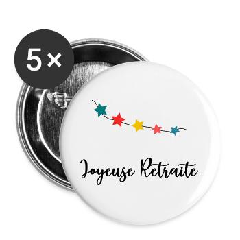 RUHESTAND. FEIERTAG. RUHESTAND. PENSIONIERT. RUHESTAND. - Buttons groß 56 mm (5er Pack) - Weiß - Vorne