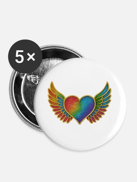 Regenbogenherz mit Flügeln - Buttons groß 56 mm (5er Pack) - Weiß
