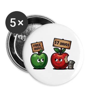 Lustiges Äpfel-Motiv mit Free Hugs Gag - Buttons groß 56 mm (5er Pack) - Weiß - Vorne