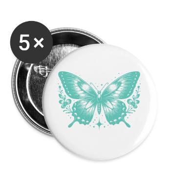 Türkis Schmetterling und Blumen - Buttons groß 56 mm (5er Pack) - Weiß - Vorne