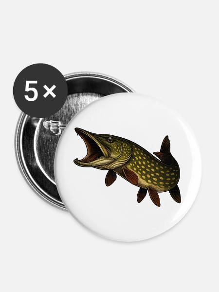 Dynamischer Hecht Fischmotiv - Buttons groß 56 mm (5er Pack) - Weiß