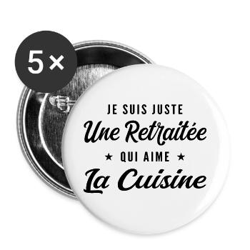 Retraitée Cuisinière Humour Cadeau Retraite - Lot de 5 grands badges (56 mm) - blanc - Devant