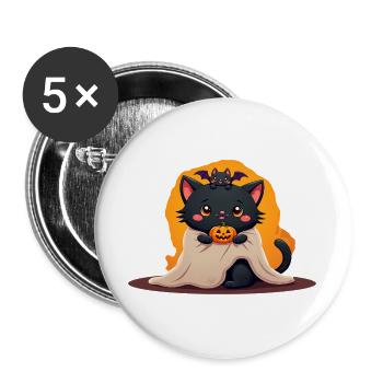 Halloween Katze mit Halloween Kürbis - Buttons groß 56 mm (5er Pack) - Weiß - Vorne