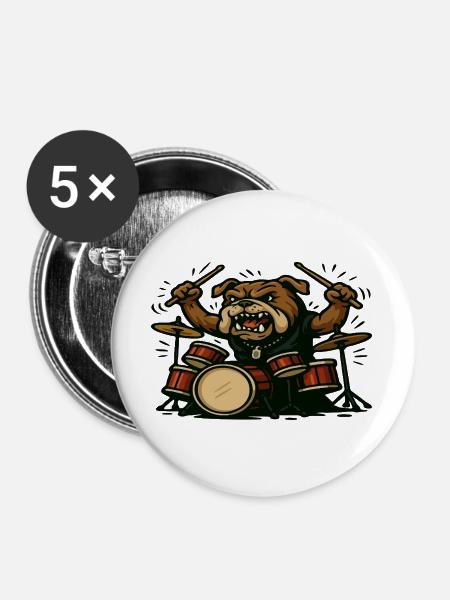 Angry Bulldog Drummer mit kompletter Drumkit-Kunst - Buttons groß 56 mm (5er Pack) - Weiß